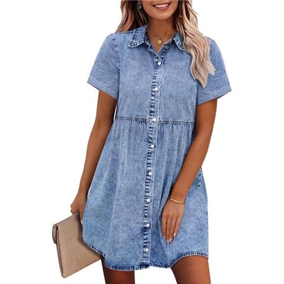 Denim Dress Babydoll Tiered Short Sleeve Button Down Jean Shirt Dresses - Picture 1 of 7